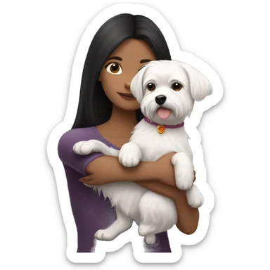 a girl with dark hair hugs a small white dog, a Maltese breed, sticker