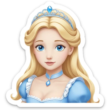 Cinematic Elegant Cinderella Portrait Emoji, Graceful and poised in her classic maid attire, golden locks cascading softly, bright blue eyes full of hope, a gentle glow of kindness and determination, delicate and humble yet undeniably beautiful, evoking the moment before her magical transformation, pure enchantment in her gaze! sticker