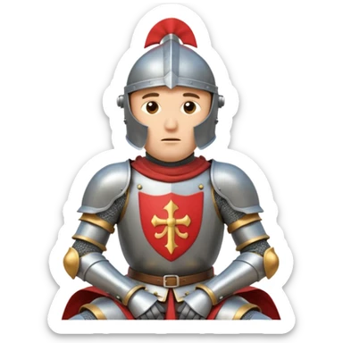 A cartoon knight in full armor with a closed helmet, expressing boredom. The knight's head is tilted slightly to the side, arms hanging down, and legs crossed. sticker