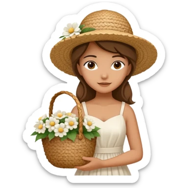 summer beautiful wicker hat, beach beige bag and bouquet of white flowers and girl in Italy white dress sticker