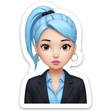 generate a pretty bratz girl wearing a light blue full sleeve shirt and a black blazer over it. silver small hoops, pink lipgloss. black hair tied up in a ponytail sticker