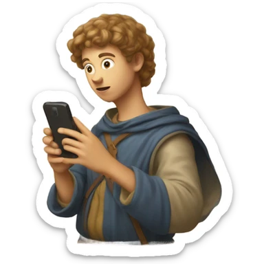 young tourist taking pictures with his cell phone of medieval fresco sticker
