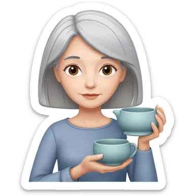 Woman with grey hair with ceramics sticker
