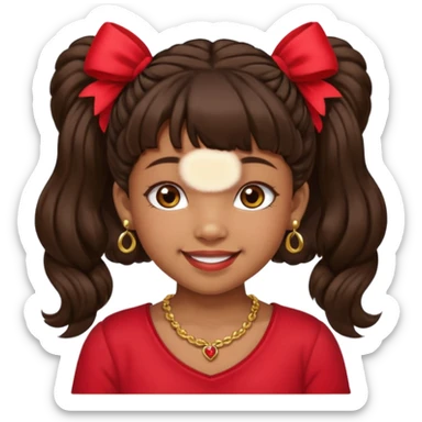 Brownskin girl dark brown hair fluffy. pigtails with red bows brown eyes smiling closed mouth red shirt gold esrrings gold necklace sticker