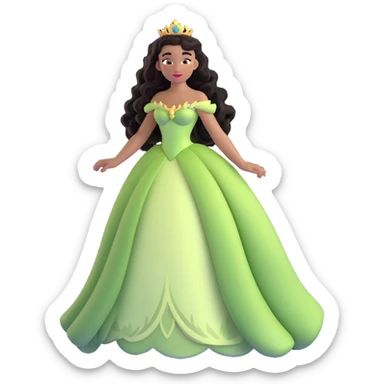 Disney Princess Tiana with extremely long black curly hair flowing down, 2c-3b curl pattern sticker