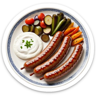 Cinematic Realistic image of a long, sausage-shaped Turkish Köfte, rendered with richly spiced meat textures and subtle grill marks, artfully arranged on a traditional Turkish ceramic plate alongside classic sides such as a serving of aromatic pilaf, crisp grilled vegetables, and a dollop of creamy yogurt, all bathed in warm, appetizing lighting that emphasizes its savory allure. sticker
