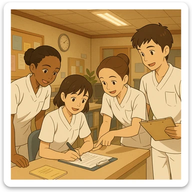 scène de collaboration entre quatre étudiants infirmiers inspirés des photos, dans un poste de soin, ambiance d'équipe, style Ghibli, uniformes blancs, tuniques médicales à col en V, poche poitrine à gauche, manches courtes, pas de col classique, ni stéthoscopes, ni tissus sous les manches, interaction et entraide sticker