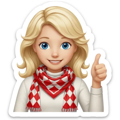 Blonde Girl Model, Blue Eyes, wavy hair, smiling, thumbs up, wearing red Checkered Triangle scarf, white dress sticker