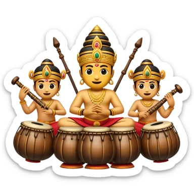 Cinematic Realistic Gamelan Pop Culture Emoji, depicted with an ensemble of traditional Indonesian instruments rendered with rich textures and rhythmic, cultural lighting. sticker