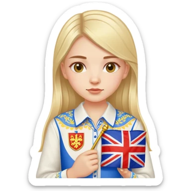 A Ukrainian girl wearing an embroidered shirt holds a British flag sticker