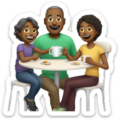 An emoji of a family—mother, father, and child—sitting at a table, playing a cup game with paper cups arranged on the table as they have fun together sticker