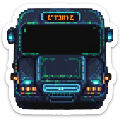 futuristic electric city bus with glowing lights, pixel art style sticker