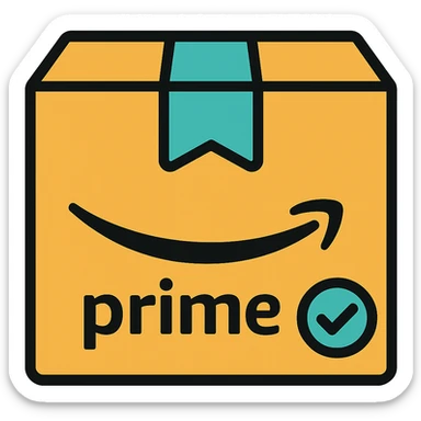Add an Amazon Prime element such as a blue checkmark or 'Prime' swoosh to the Amazon delivery box icon. Keep the style minimal with no background. sticker