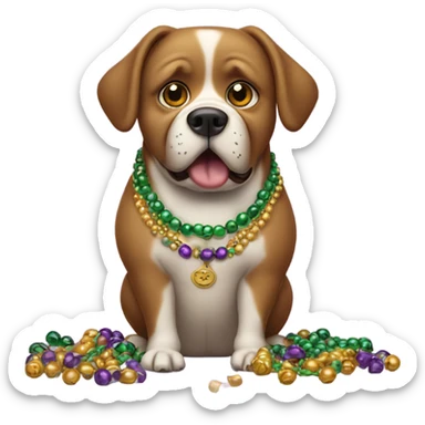 Crying fat dog with Mardi Gras beads eating chocolate sticker
