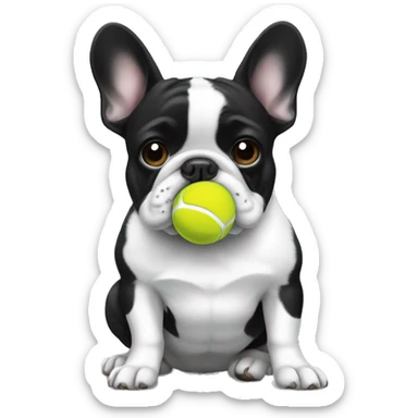 Frenchie black & white with a tennis ball sticker