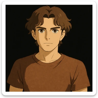 male character with wavy hair parted in the middle, brown eyes, firm straight jaw, slightly medium nose, wearing a brown t-shirt on a black background sticker