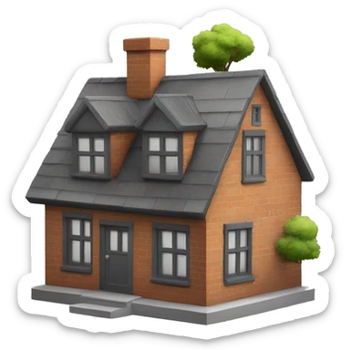 house made of bricks, with dark grey windows and roof with a tree  sticker
