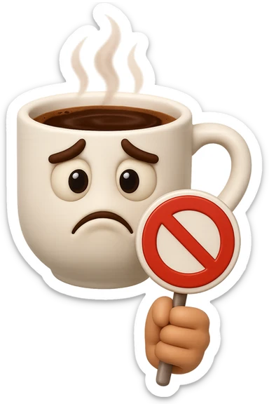 emoji stile iphone di una tazzina di caffè con espressione triste in volto mentre tiene un divieto in mano, iperrealistico 4k sticker