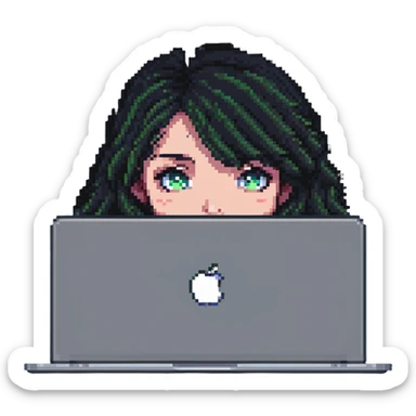close-up of a girl's face peeking over a MacBook, pixel art style sticker