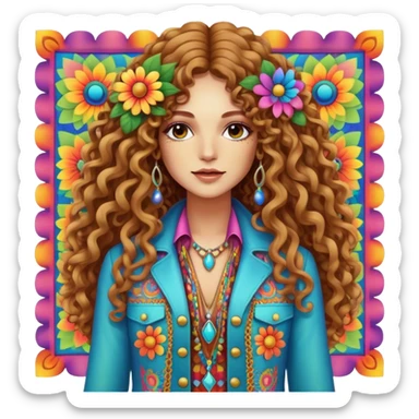 Create a 3D ultra detailed psychedelic colored square hippie style flower border with a gorgeous hippie in the center with long curly hair, bell bottoms, and a fringed jacket sticker