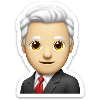 man with white hair and white eyes in a suit with a red tie and he is smirking slightly and he is evi sticker
