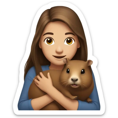 happy girl with long brown hair holding capybara  sticker