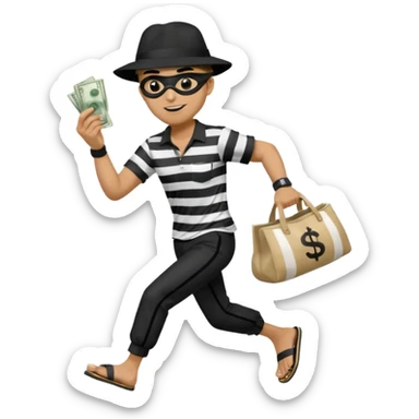 Make a man wear a black pant and he shirt is balck line and white line and wear a black hat and he holding a money bag and he running he wear a black eye thing no money in the Left hand and he yellow and the money bag in the right he wear a flip flop like this is Money bag 💰 sticker