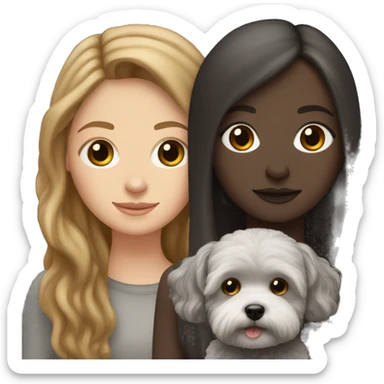 White Girl with brown long straight hair, holding a dark gray maltipoo with a white snout sticker