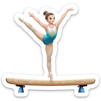 A gymnast performing a flawless routine on the balance beam, showcasing strength and grace. The scene captures the precise, elegant movement with perfect balance and form. The background features a gymnastics arena with vibrant lighting and cheering crowds, emphasizing athleticism and poise. sticker