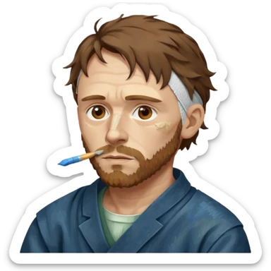 an gogh paints on a canvas. On his right ear he has a bandage sticker