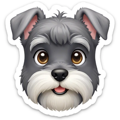 Cinematic Cute Miniature Schnauzer Portrait Emoji, Head cheerfully cocked with expressive, twinkling eyes and a neatly trimmed, adorable salt-and-pepper fur, simplified yet endearingly detailed, glowing with a bright, friendly radiance, high shine, exuding smart and spunky charm, styled with a delicate, whimsical outline, capturing the essence of a cute Miniature Schnauzer that appears ready to scamper off the screen with delightful energy! sticker