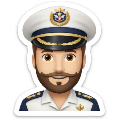 A light-skinned man with brown eyes and a beard, smiling while wearing a white captain’s hat with a navy emblem. sticker