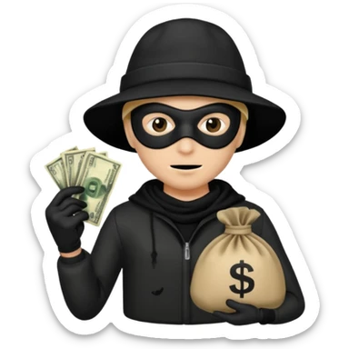 A emoji of a person wearing a robber outfit and a black hat and a black mask and a Money Bag sticker