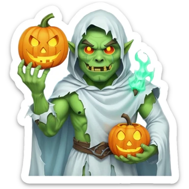 male orc warrior ghost emoji, green skin, wearing torn white ghost sheet costume, holding glowing jack-o'-lantern, faint blue aura, friendly but spooky expression, Halloween fantasy theme, Apple emoji style, clean white background, square sticker