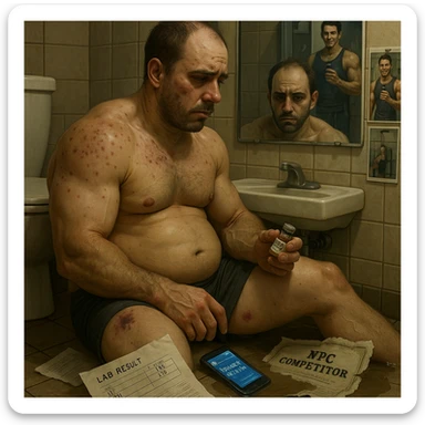 A 35-year-old bodybuilder sits shirtless on a bathroom floor, clutching an empty vial labeled "Test E 250mg". His physique shows the paradox of PED abuse: bloated stomach (high estrogen), but zero exceptional muscle gains.  

Hyper-detailed elements:  
- **Needle marks** (track lines) on glutes with fresh bruising  
- **Acne clusters** on shoulders (CYP-induced)  
- **Lab papers** showing crashed LH/FSH (HPTA suppression)  
- **Phone screen** glowing with forum posts: "No risultati in 8 weeks"  

The mirror reflects his exhausted face (dark circles, receding hairline) contrasting with gym selfies on the wall showing his younger natural self. A torn "NPC Competitor" certificate floats in dirty water.  sticker