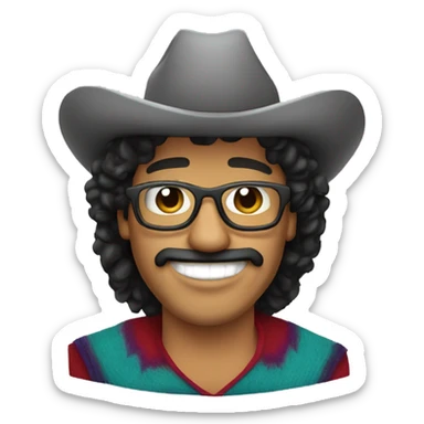 A heavier mexican man, with a curly black mullet, with a smile that shows his teeth grills wearing a cowboy hat and circular glasses and a poncho sticker