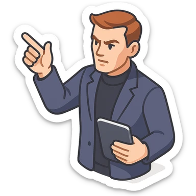 Bold and charismatic male leader, Caucasian, short auburn hair, sharp eyes, wearing indigo coat over black turtleneck, one arm raised giving direction, holding a tablet, waist-up sticker