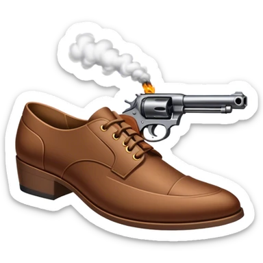 a gun shooting a shoe. point gun down. smoking hole in shoe.  sticker