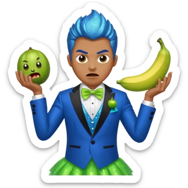 Angry blue banana fruit wearing a sparkly lime green tuxedo and tutu sticker