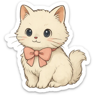cute fluffy white kitten with a light pink bow sticker