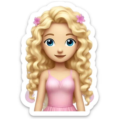 Fairy, a blonde hair with blue eyes and a pink dress with sparkly wings. Flowers. White wings. The fairy has long, curly hair with a lot of volume sticker