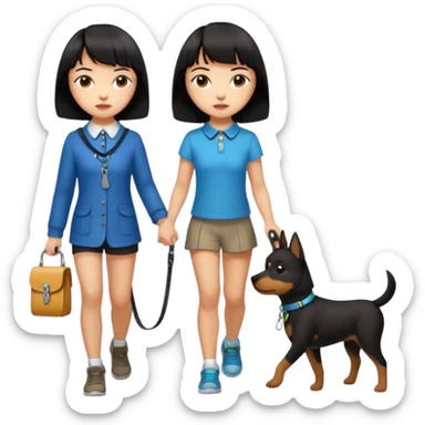 dark brown short haired girl walking a black haired girl with bangs on a dog leash sticker