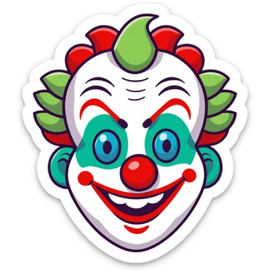 clown with green dreadlocks blue diamond shape eyes, red nose, and big red smile sticker
