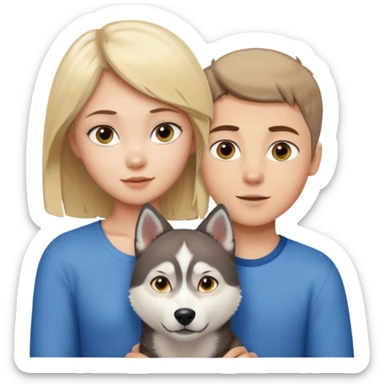 ragazza bionda occhi gialli capelli lisci biondo che abbraccia un husky occhi azzurri e un ragazzo bruno capelli corti e rasati occhi castani sticker