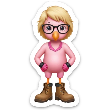 Flamingo with work boots and bushy blond hair and eye glasses sticker