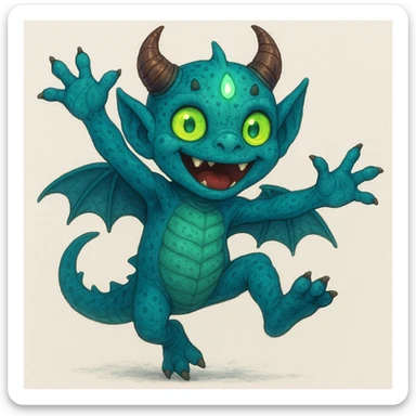 Give the kid a playful, energetic pose while keeping the blend of 60% dragon (reptilian features, wings), 20% demon (horns, fangs), and 20% alien (strange skin color, glowing elements). sticker
