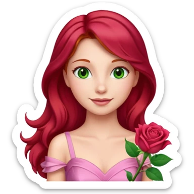 Aurora princess, classic fairytale style, red hair, pink gown, gentle smile, green amber eyes, holding a rose, emoji style sticker