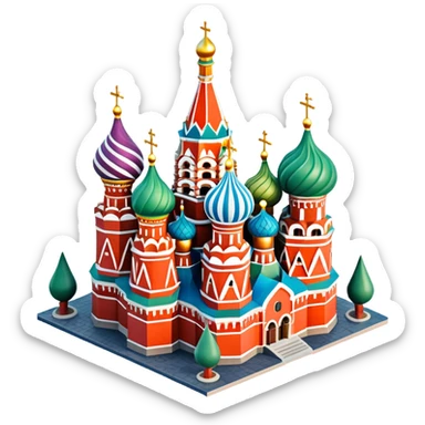 Isometric illustration of photorealistic Saint Basil's Cathedral with colorful onion domes, highly detailed in semi-realistic style, sharp outlines, subtle surface textures, balanced between stylized and realistic, 3D miniature effect with a slight hand-painted touch, no cartoonish look. sticker