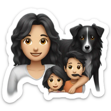 Family formed by a man a woman with long black hay and one small black border collie sticker