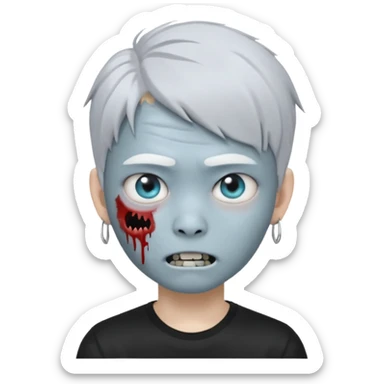 Create a 3D emoji-style avatar with very pale blue-grey zombie skin like the reference image, a young Asian face, and large eyes with white blood tears. Give it white mullet-style hair, silver hoop earrings, and a simple black T-shirt. The expression should be neutral or slightly angry sticker